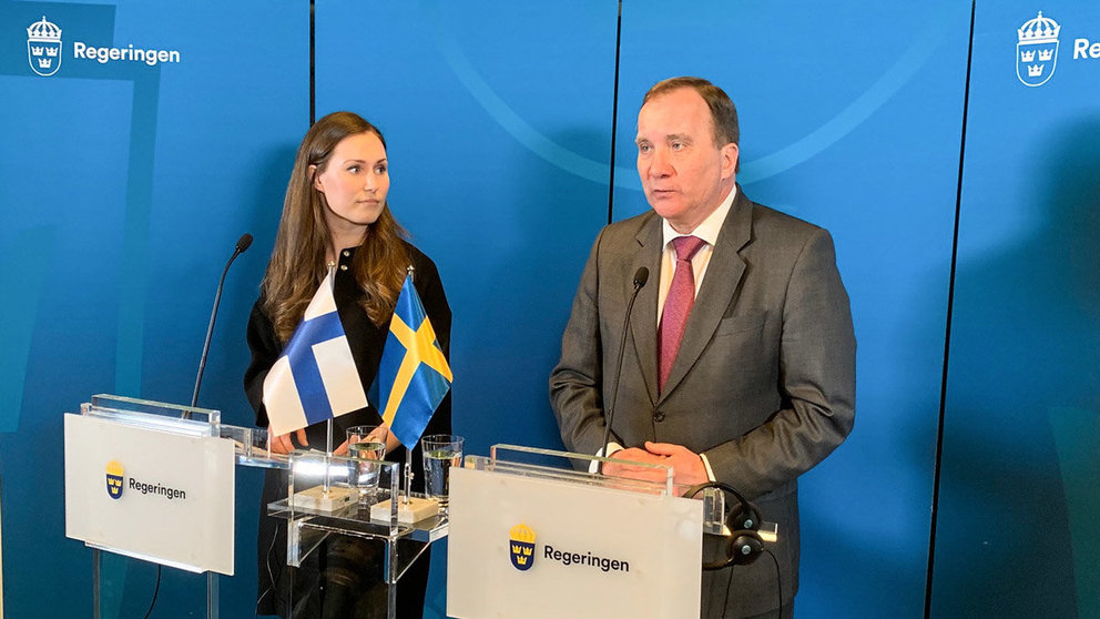 Swedish Prime Minister Stefan Lofven (R) speaks at a joint press conference with Finnish Prime Minister Sanna Marin. Photo: Paivi Anttikoski/Vnk/Filed.
