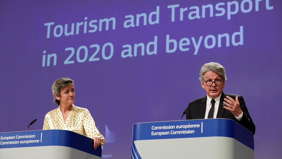 EU Commission Vice-President of the European Commission, Margrethe Vestager and European Commissioner in charge of internal market Thierry Breton give a news conference on the strategic orientations of the European Tourism and Transport Package at European Commission in Brussels, Belgium, May 13, 2020. Olivier Hoslet/Pool via REUTERS