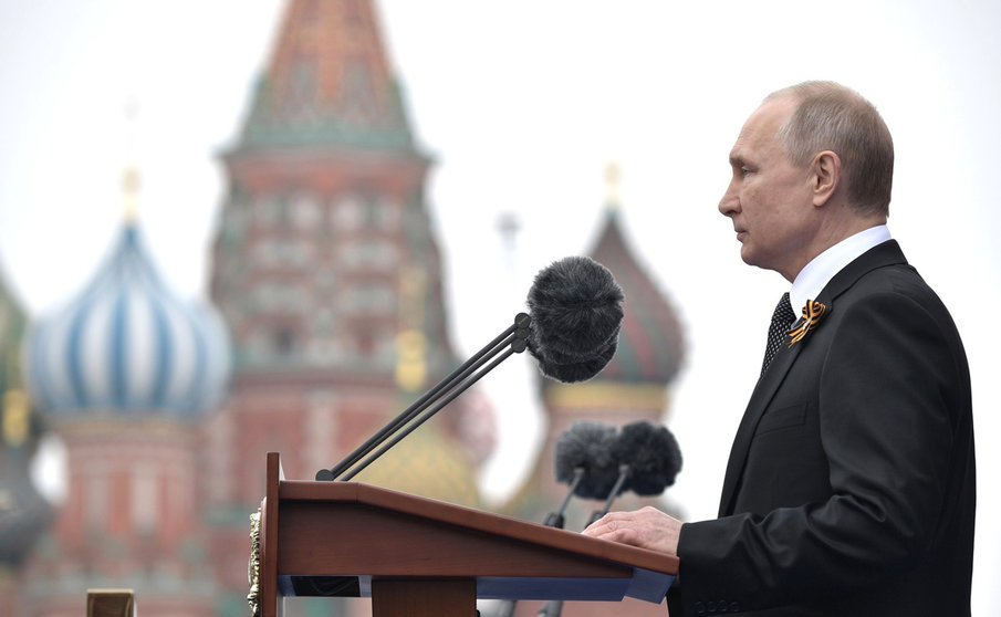 Russian President Vladimir Putin delivers a speech during during the Victory Day military parade, marking the 74th anniversary of the Russian victory over Nazi Germany in World War II, at the Red Square. Russia marked 30 years since it declared independence from the Soviet Union with festivities on Friday, but they were subdued because of the coronavirus pandemic. Photo: -/Kremlin/dpa