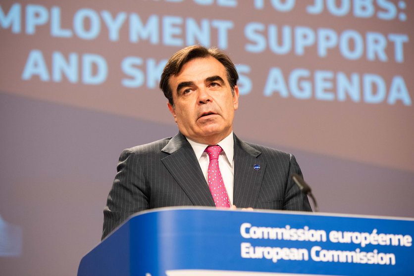 EU Vice-President Margaritis Schinas speaks during a joint press conference with EU Commissioner for Jobs and Social Rights Nicolas Schmit and European Commission Vice-President Valdis Dombrovskis (not pictured) on the Youth Employment Support package and the European Skills Agenda at the EU Commission headquarters. Photo: Aurore Martignoni/European Commission/dpa -