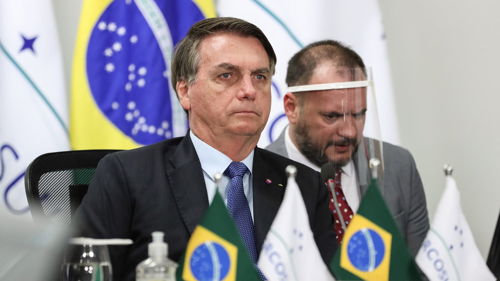 Brazilian President Jair Bolsonaro attends the Mercosur Summit held via video conference. Bolsonaro has tested positive for Covid-19, he confirmed on Tuesday. Photo: Marcos Correa/Brazilian presidency/dpa
