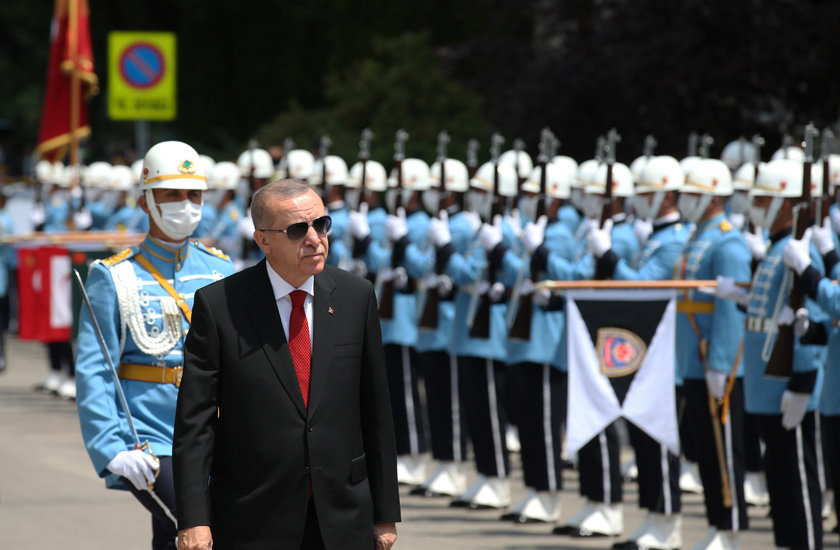 15 July 2020, Turkey, Ankara: Turkish President Recep Tayyip Erdogan (2nd L) inspects the guards of honour during a commemoration ceremony at the Grand National Assembly of Turkey (GNAT) to mark the July 15 Democracy and National Unity Day. (best quality available) Photo: -/Turkish Presidency/dpa.