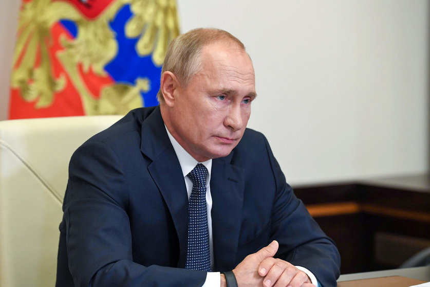 11 August 2020, Russia, Moscow: Russian President Vladimir Putin chairs a cabinet meeting via video conference at the Kremlin. Photo: Kremlin/dpa.
