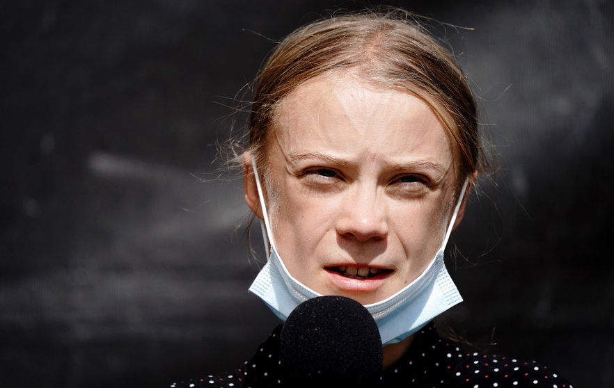 20 August 2020, Berlin: Swedish Climate activist Greta Thunberg speaks at a press conference following a meeting with German Chancellor Angela Merkel. Merkel hosted the leading climate activists at the Chancellery for a discussion on climate issues of national and global importance. Photo: Kay Nietfeld/dpa.