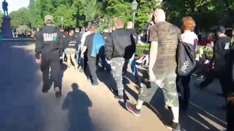 Soldiers of Odin and Members of Nordic Resistance patrol claim to &#39;patrol&#39; Helsinki streets. Image: YouTube screenshot.