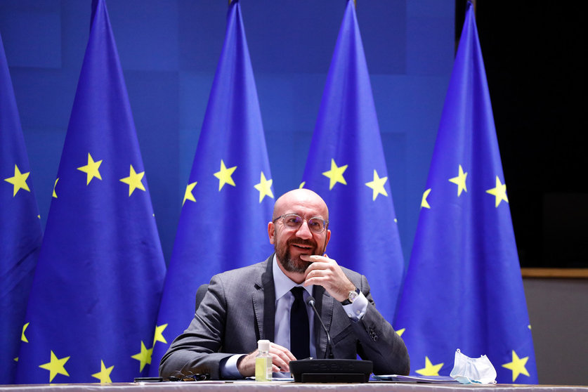 HANDOUT - 21 January 2021, Belgium, Brussels: European Council President Charles Michel takes part in a EU summit video conference at the European Council headquarters. EU leaders were striving to forge a strategy to keep in check fast-spreading new coronavirus variants, with some nations warning they may have to tighten borders. Photo: Dario Pignatelli/European Council/dpa - ATTENTION: editorial use only and only if the credit mentioned above is referenced in full