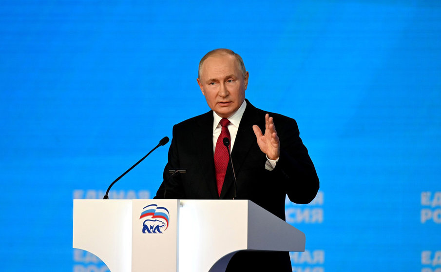 HANDOUT - 24 August 2021, Russia, Moscow: Russian President Vladimir Putin delivers a speech during the 20th United Russia party congress. Photo: -/Kremlin/dpa - ATTENTION: editorial use only and only if the credit mentioned above is referenced in full