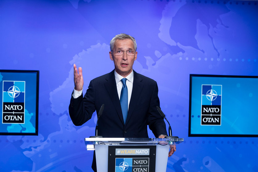 HANDOUT - 20 August 2021, Belgium, Brussels: Secretary General of North Atlantic Treaty Organization (NATO) Jens Stoltenberg speaks during a press conference following the extraordinary meeting of NATO Ministers of Foreign Affairs on the situation in Afghanistan. Photo: -/NATO/dpa - ATTENTION: editorial use only and only if the credit mentioned above is referenced in full