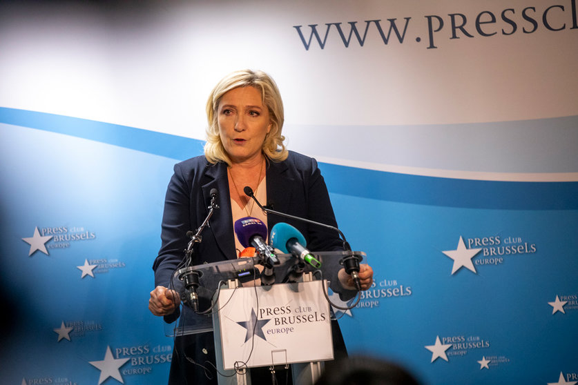 22 October 2021, Belgium, Brussels: French far-right leader Marine le Pen speaks during a media conference. Photo: Hatim Kaghat/BELGA/dpa