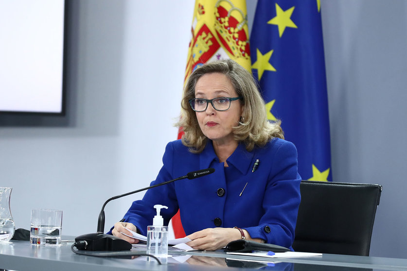 The First Vice President and Minister of Economic Affairs and Digital Transformation, Nadia Calviño, at a press conference at the end of the Council of Ministers meeting. Photo: La Moncloa.