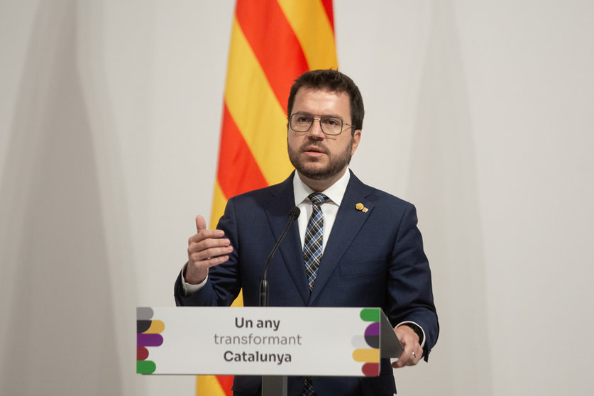 24 May 2022, Spain, Barcelona: Catalan Regional President Pere Aragones, speaks during a press conference at the Palau de la Generalitat in Barcelona. Photo: David Zorrakino/EUROPA PRESS/dpa.